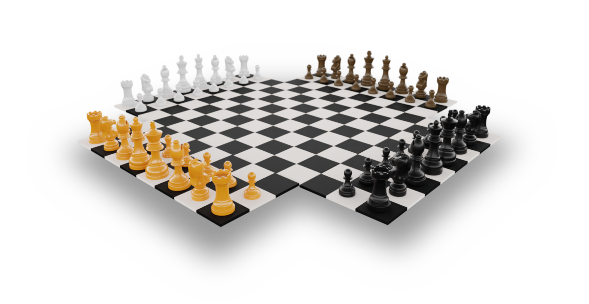 Aufbau von Vierspielerschach mit vier Figurensätzen auf einem kreuzförmigen Brett